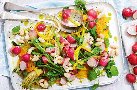 Image of "Roasted radish, orange and white bean salad"
