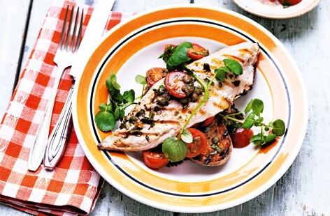 Image of "Grilled mackerel and tomatoes on toast"