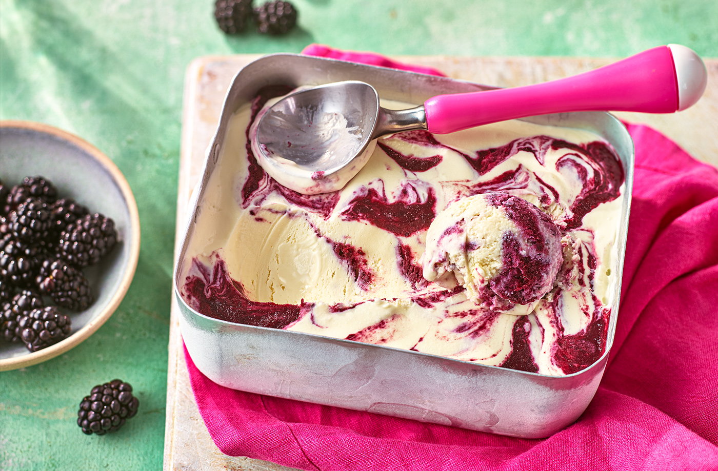 No-churn blackberry and cinnamon ripple ice cream