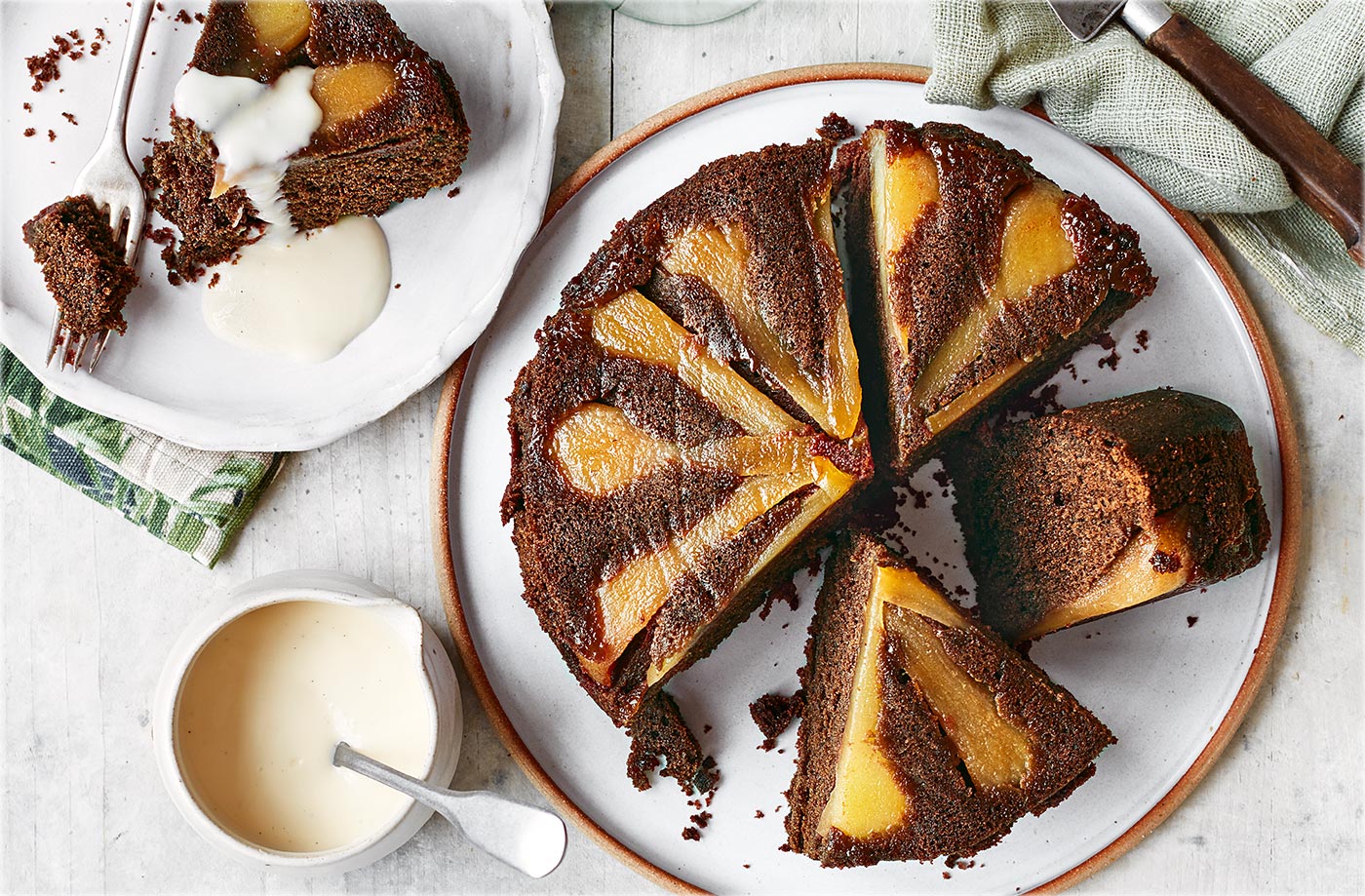 Chocolate and pear upside-down cake