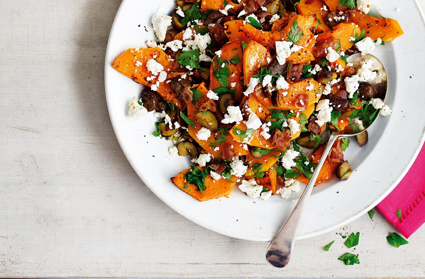 Roasted butternut squash with chestnuts, pancetta, feta and parsley