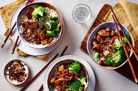 Image of "Pork teriyaki, rice and broccoli "