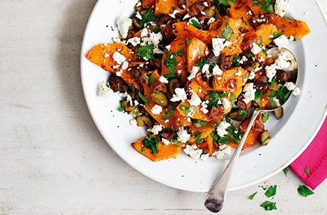 Image of "Roasted butternut squash with chestnuts, pancetta, feta and parsley"