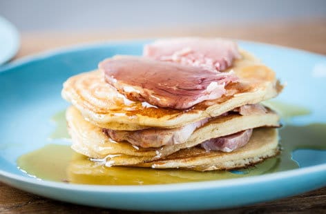 Image of "Adam Gray's pancakes with ham and maple syrup "