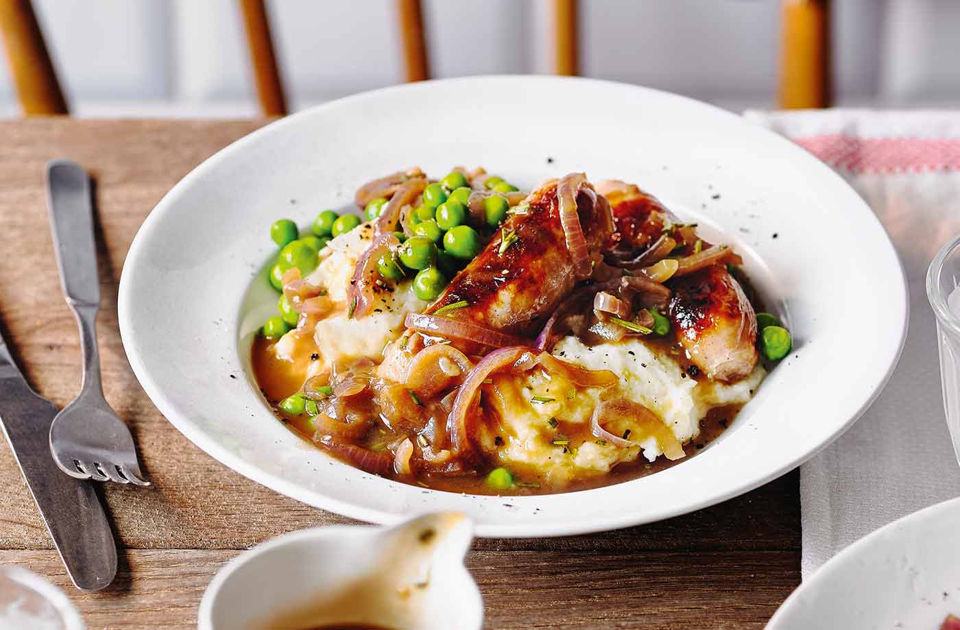 Sausages with mashed cauliflower and parsnip