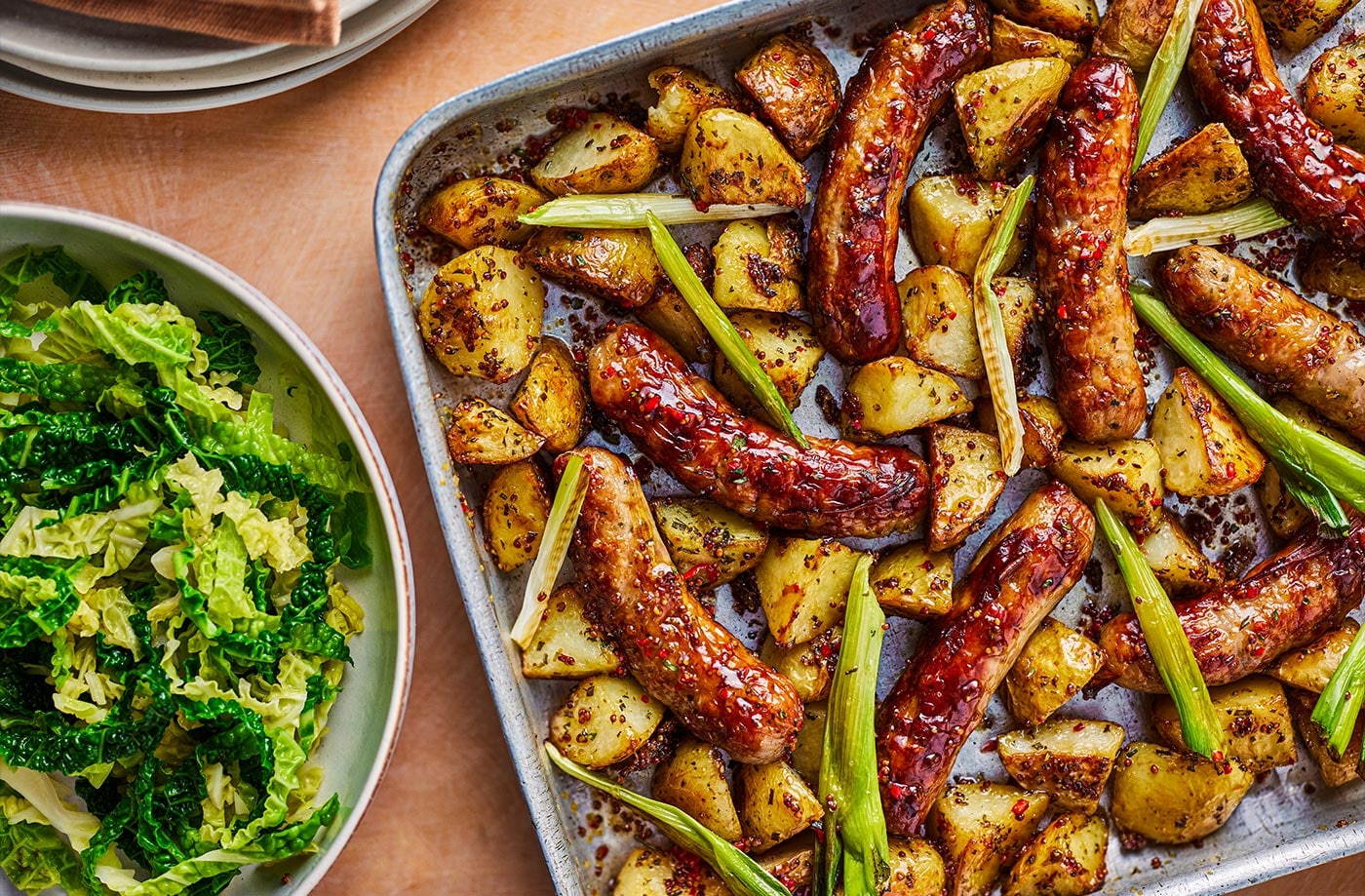 Honey mustard and garlic sausage traybake