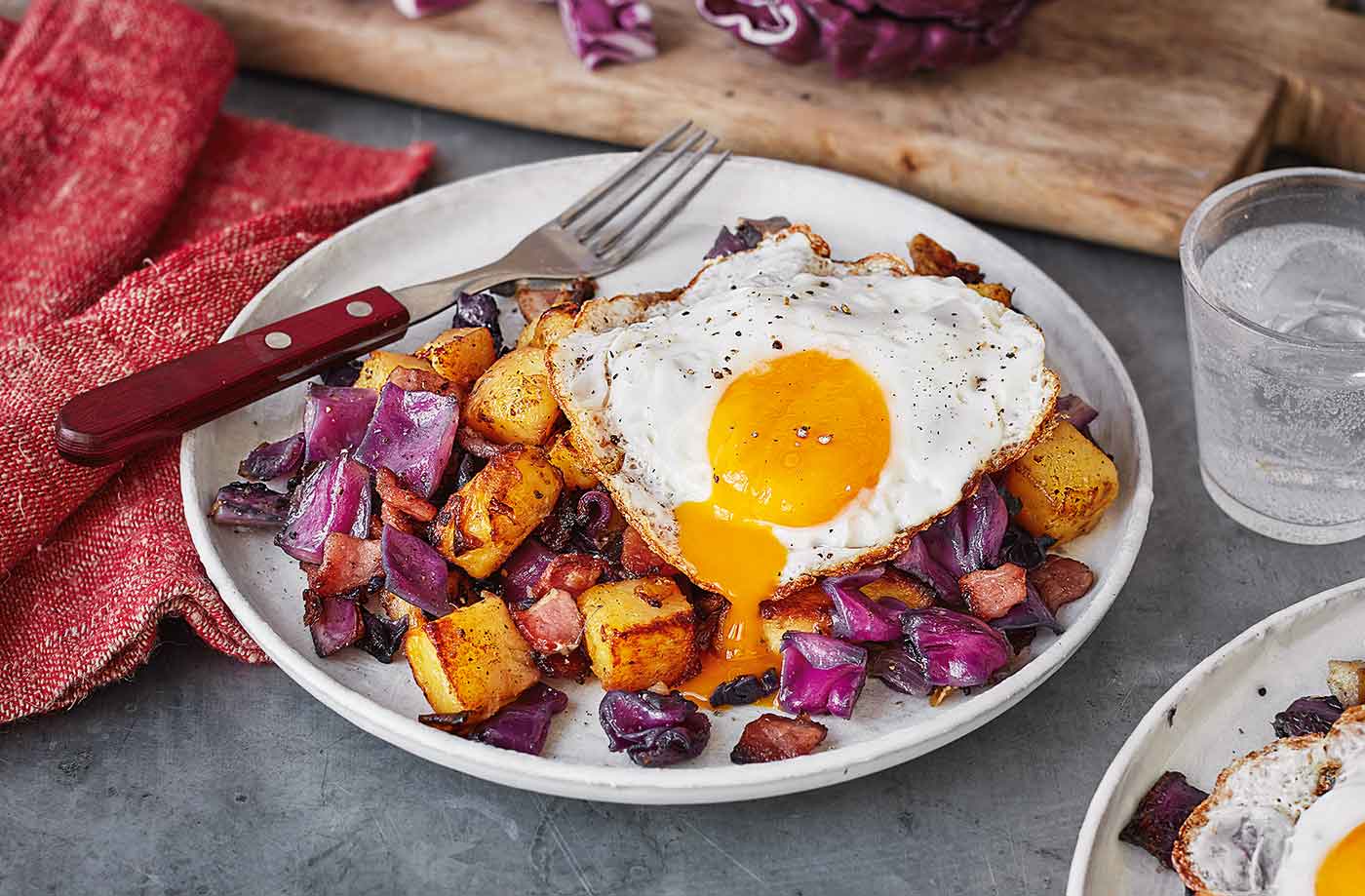 Baked red cabbage, bacon and potato hash