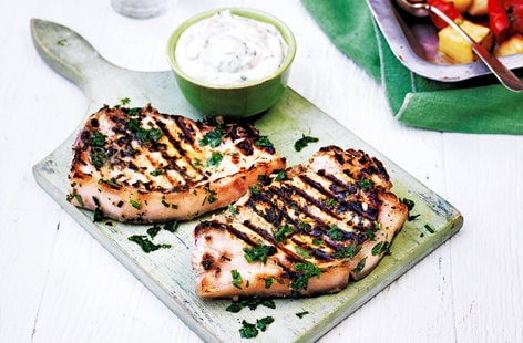 Image of "Pork chops with roasted veg and garlic-herb mayo"