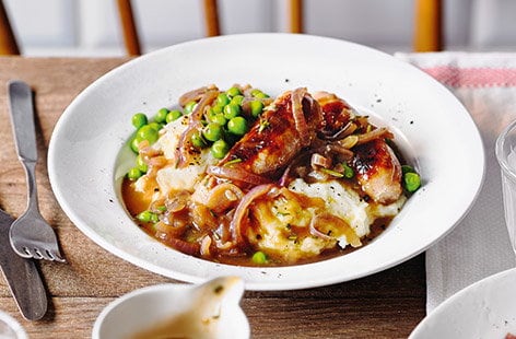 Image of "Sausages with mashed cauliflower and parsnip"
