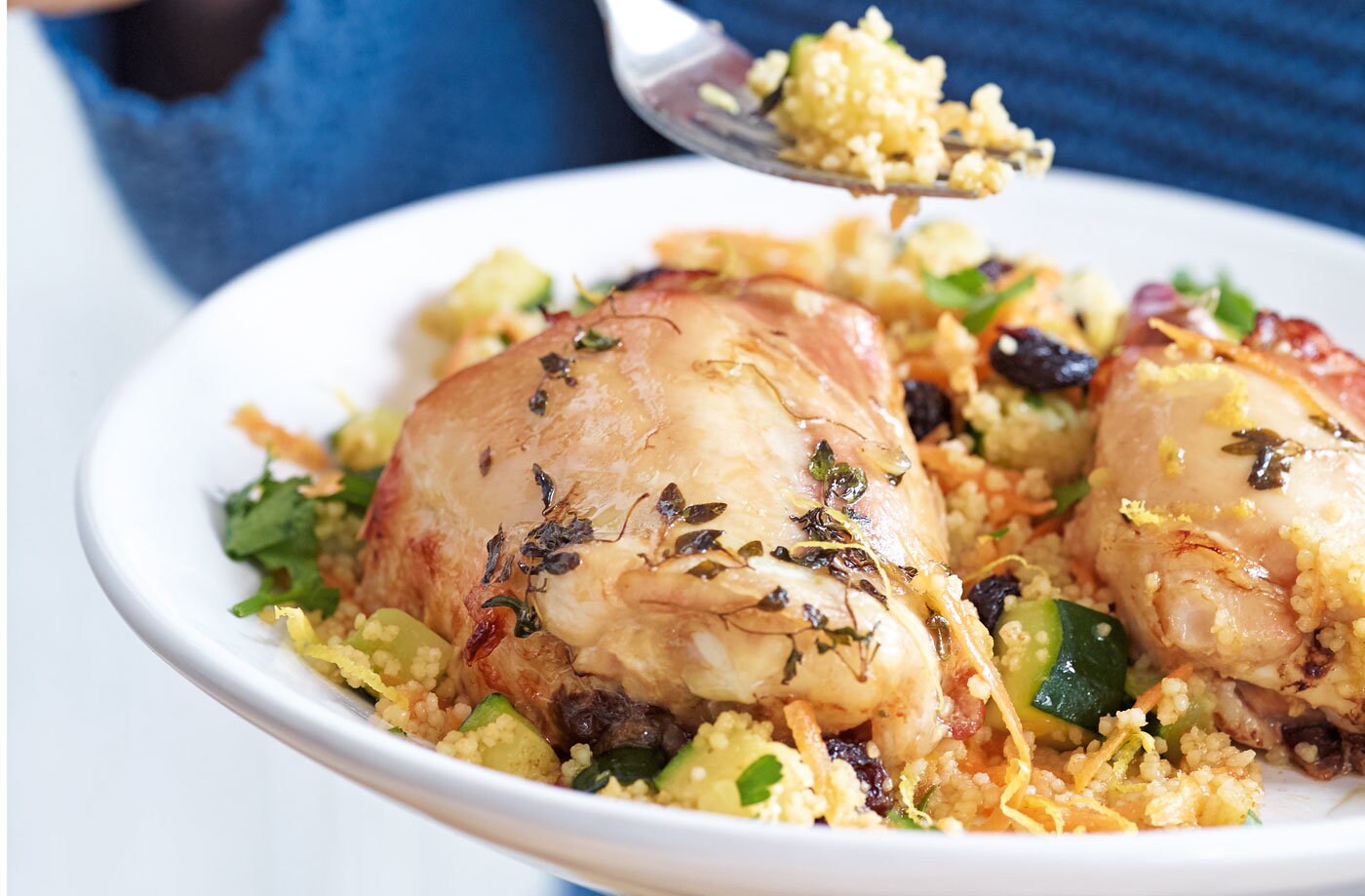Thyme, honey and garlic roasted chicken with fruity couscous