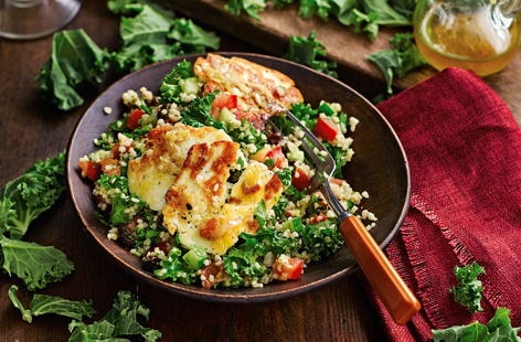 Image of "Raw kale tabbouleh with fried halloumi"