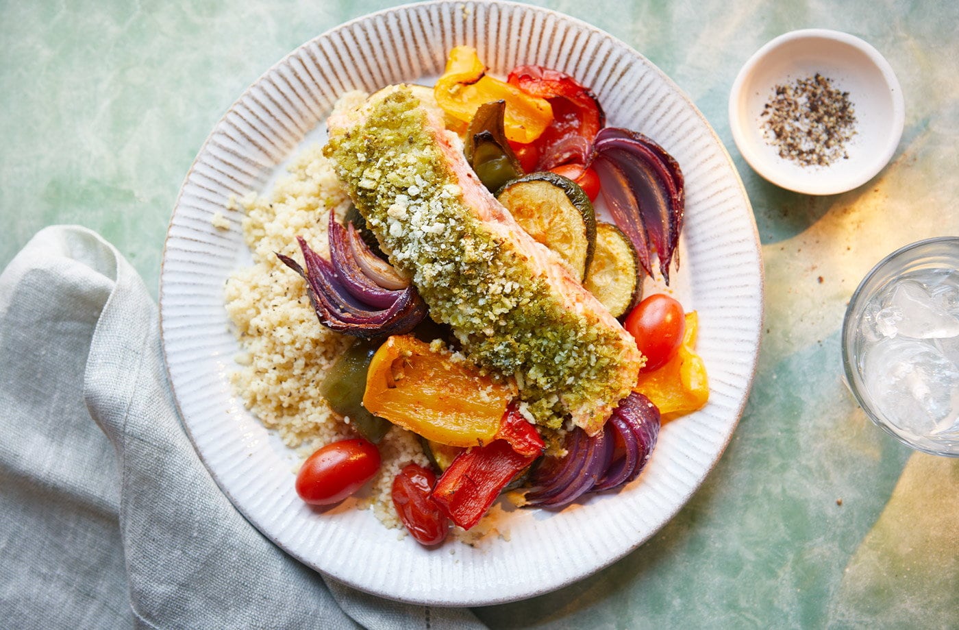 Pesto-crusted salmon with roasted veg