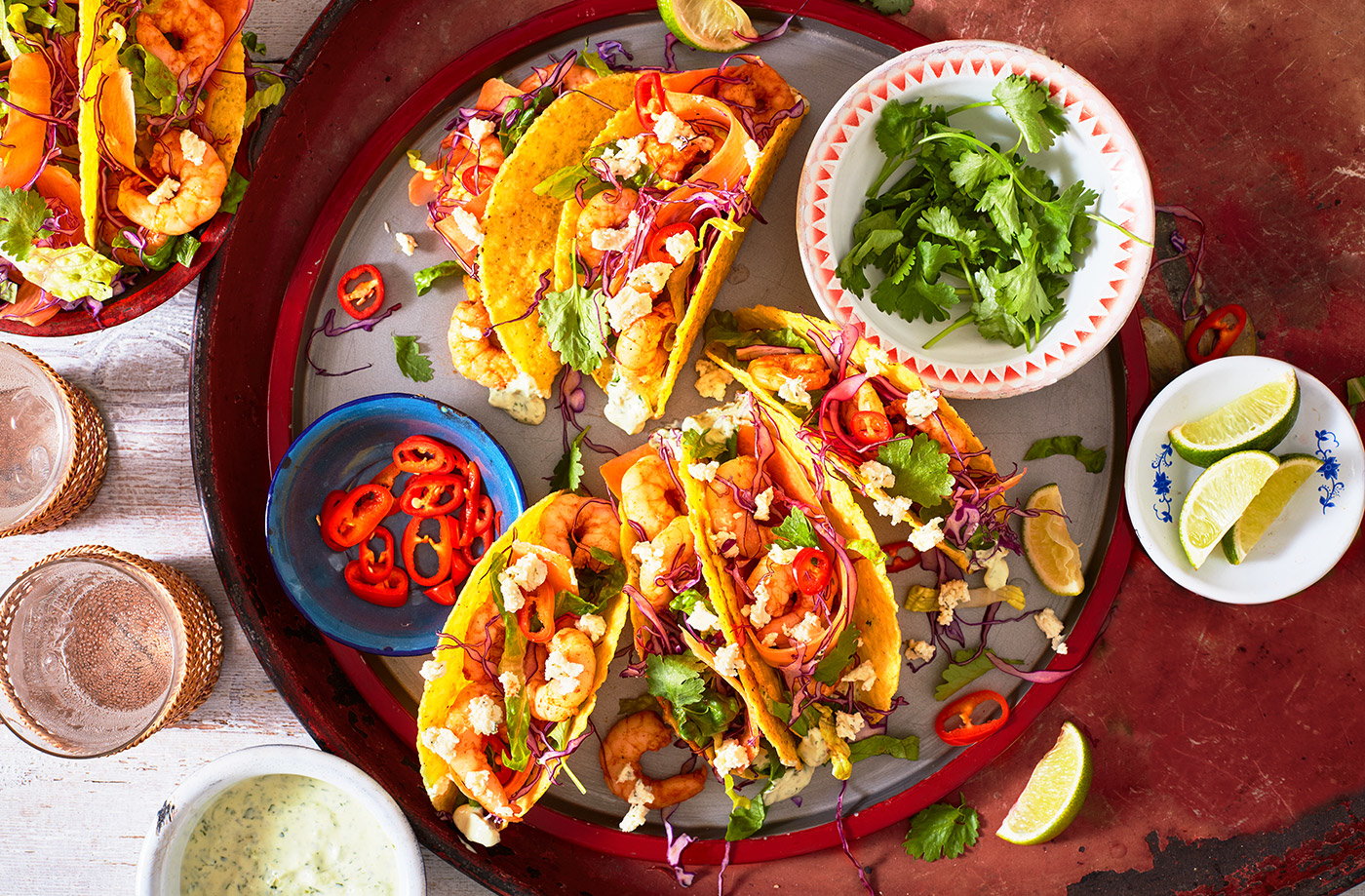Spicy prawn, garlic and herb tacos