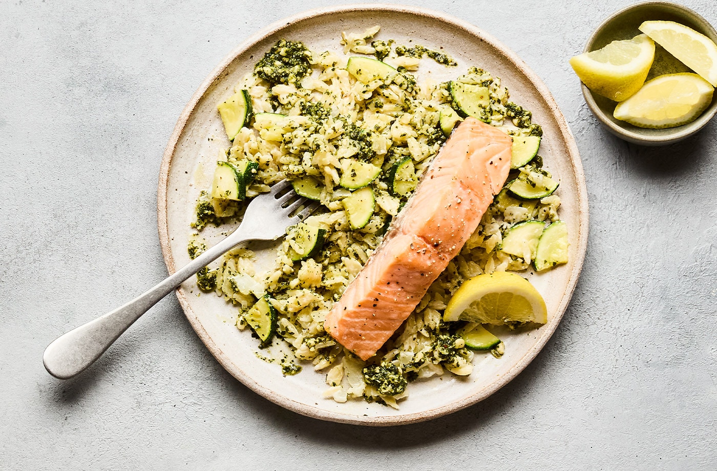 Baked salmon and courgette orzotto