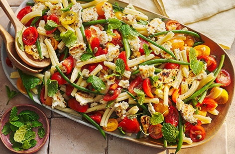 Image of "Baked ricotta, tomato and green bean pasta salad"