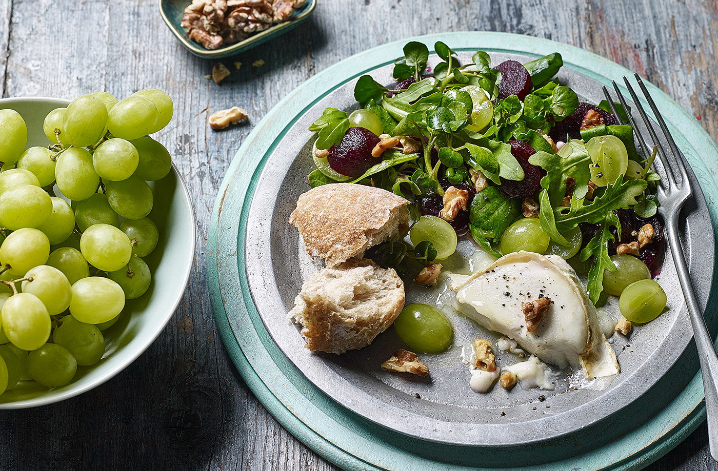 Baked goat's cheese with grape, walnut and beetroot salad