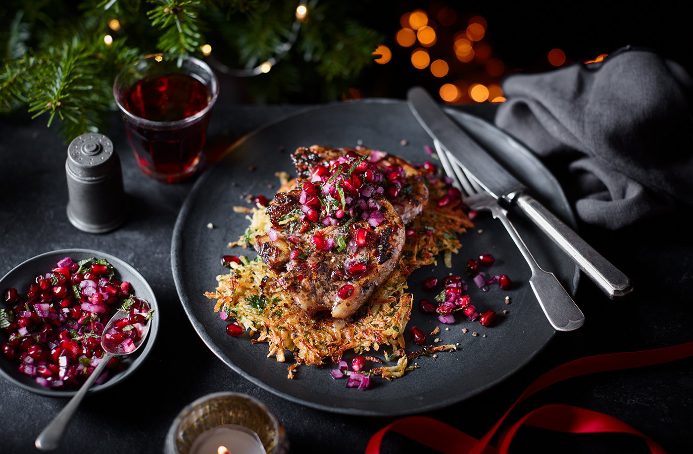 Lamb chops with pomegranate salsa and parsnip rosti