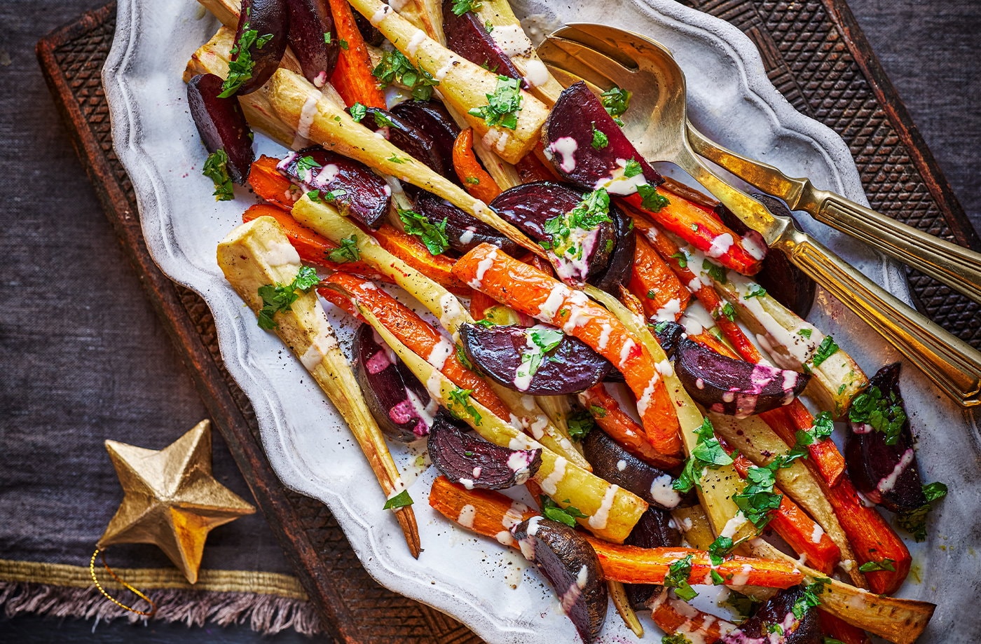 Root veg with tahini-lemon drizzle