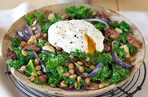 Image of "Warm kale, bacon and lentil salad with poached egg"