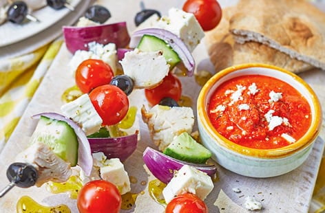 Image of "Greek salad kebabs with red pepper dip"