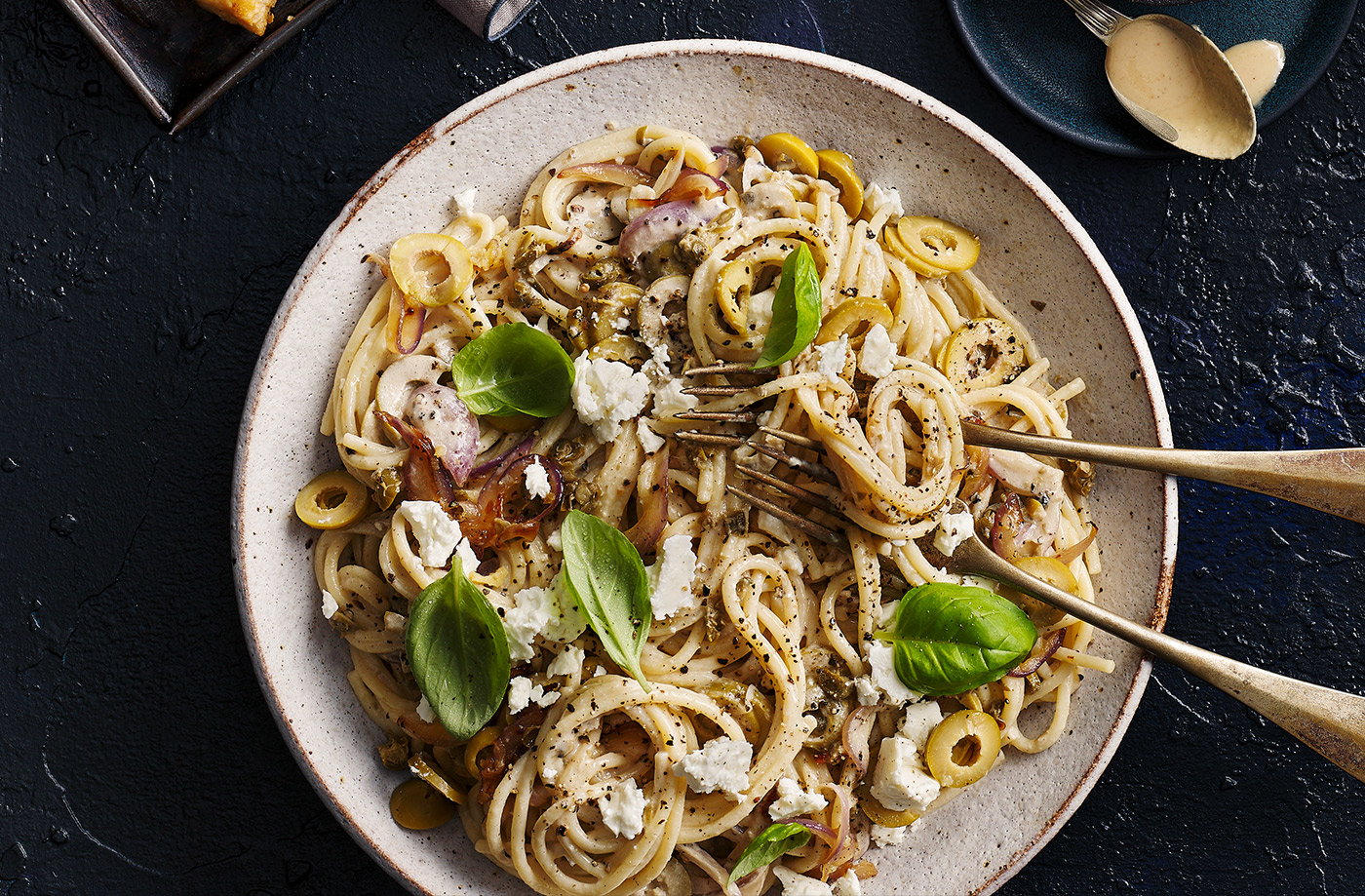 Tahini, caper and olive pasta