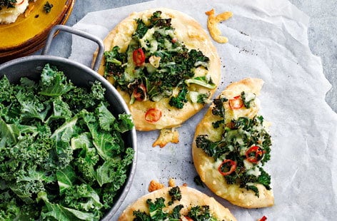 Image of "Mini kale, gouda and chilli pizzas"