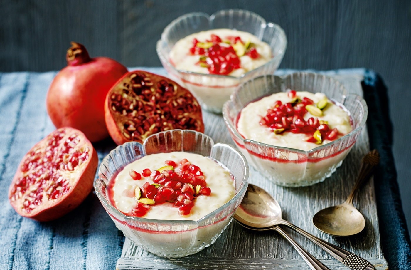 Rosewater rice pudding with pomegranate and pistachio