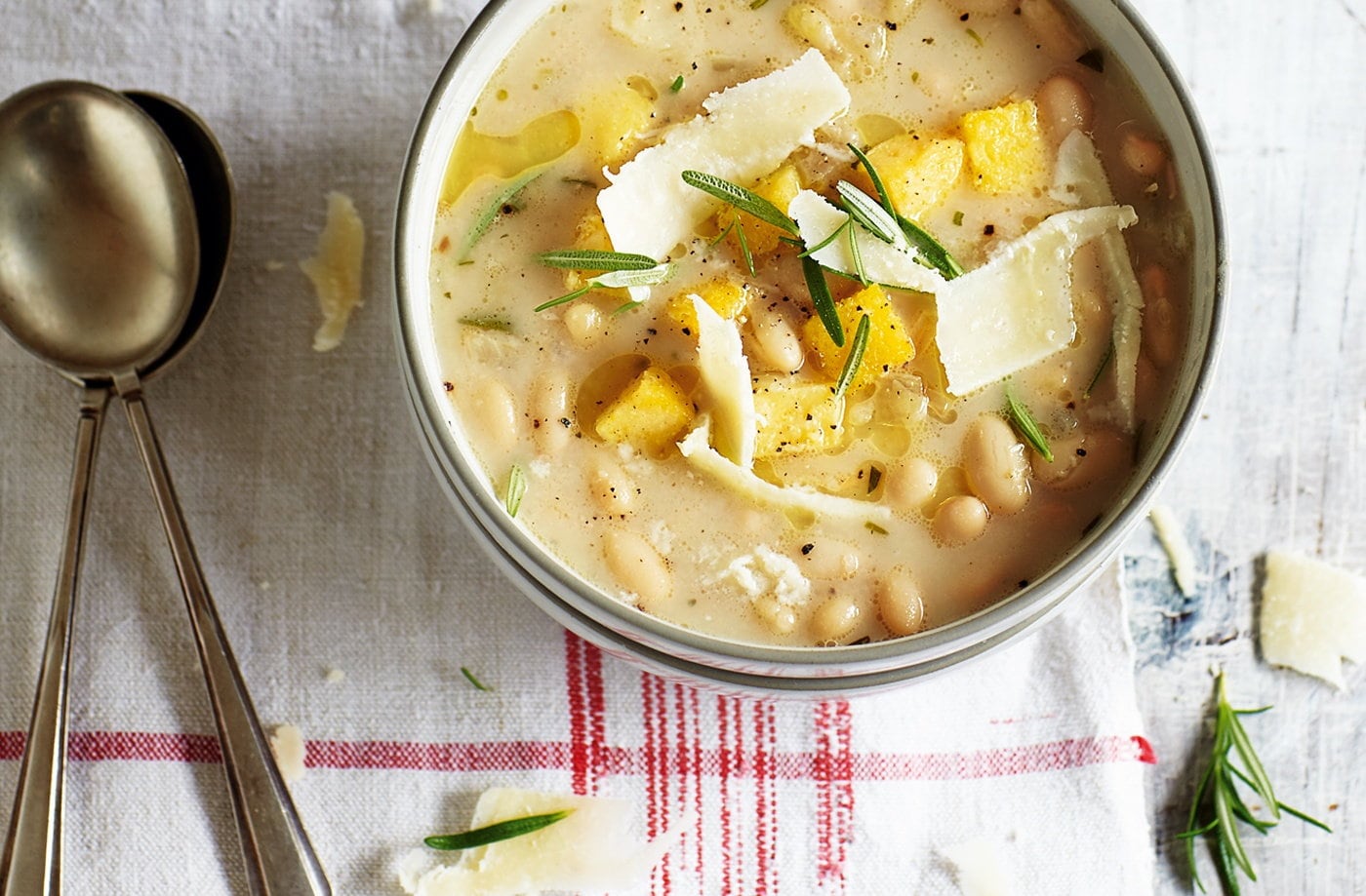 Italian white bean soup with polenta croutons
