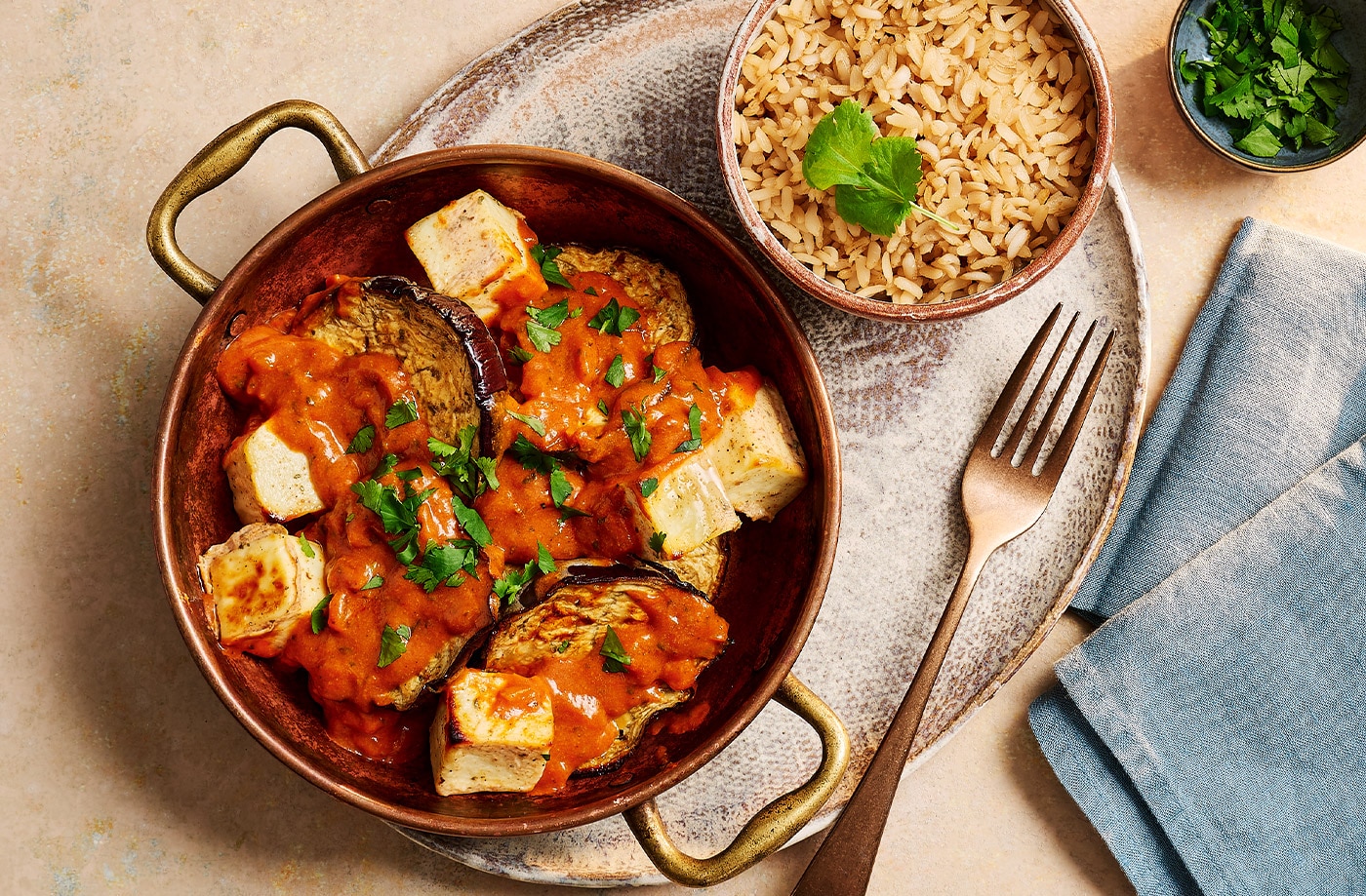 Dina Begum's roasted aubergine and paneer curry bowls