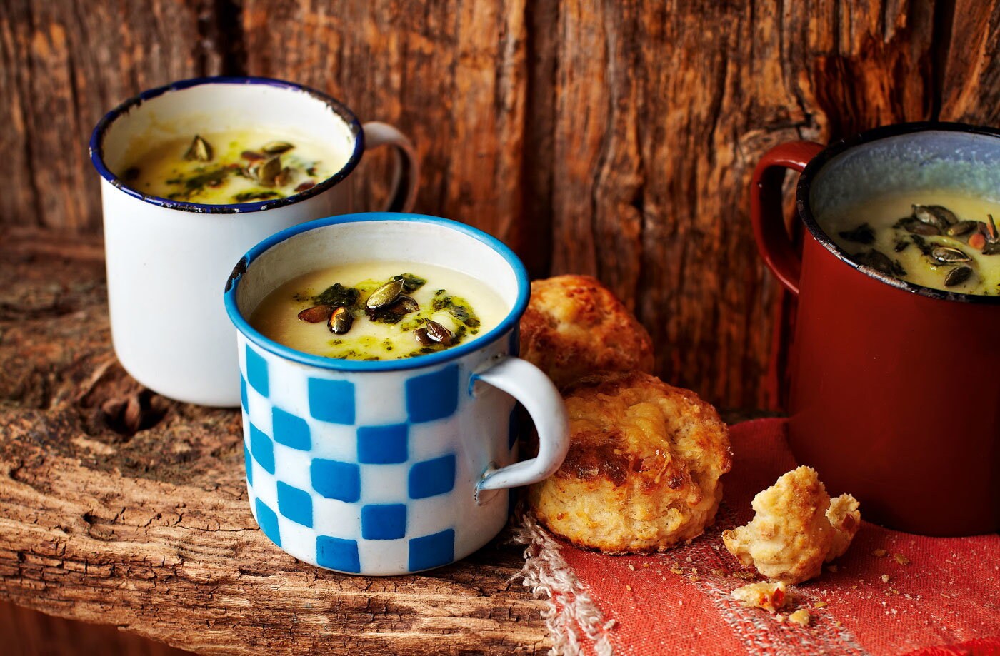 Spiced parsnip soup with coriander and chilli pesto