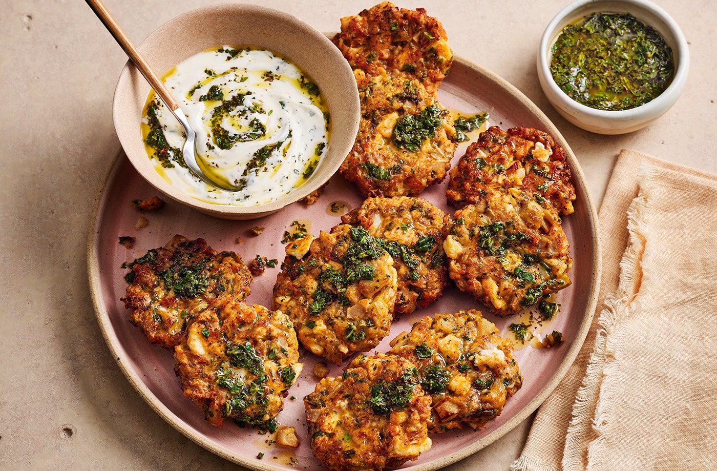Cauliflower and feta fritters with mint sauce