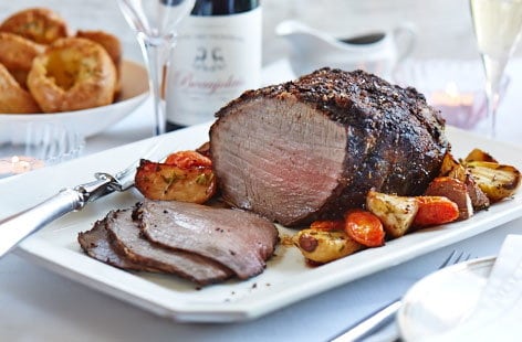 Image of "Mustard roast beef with herby Yorkshires "