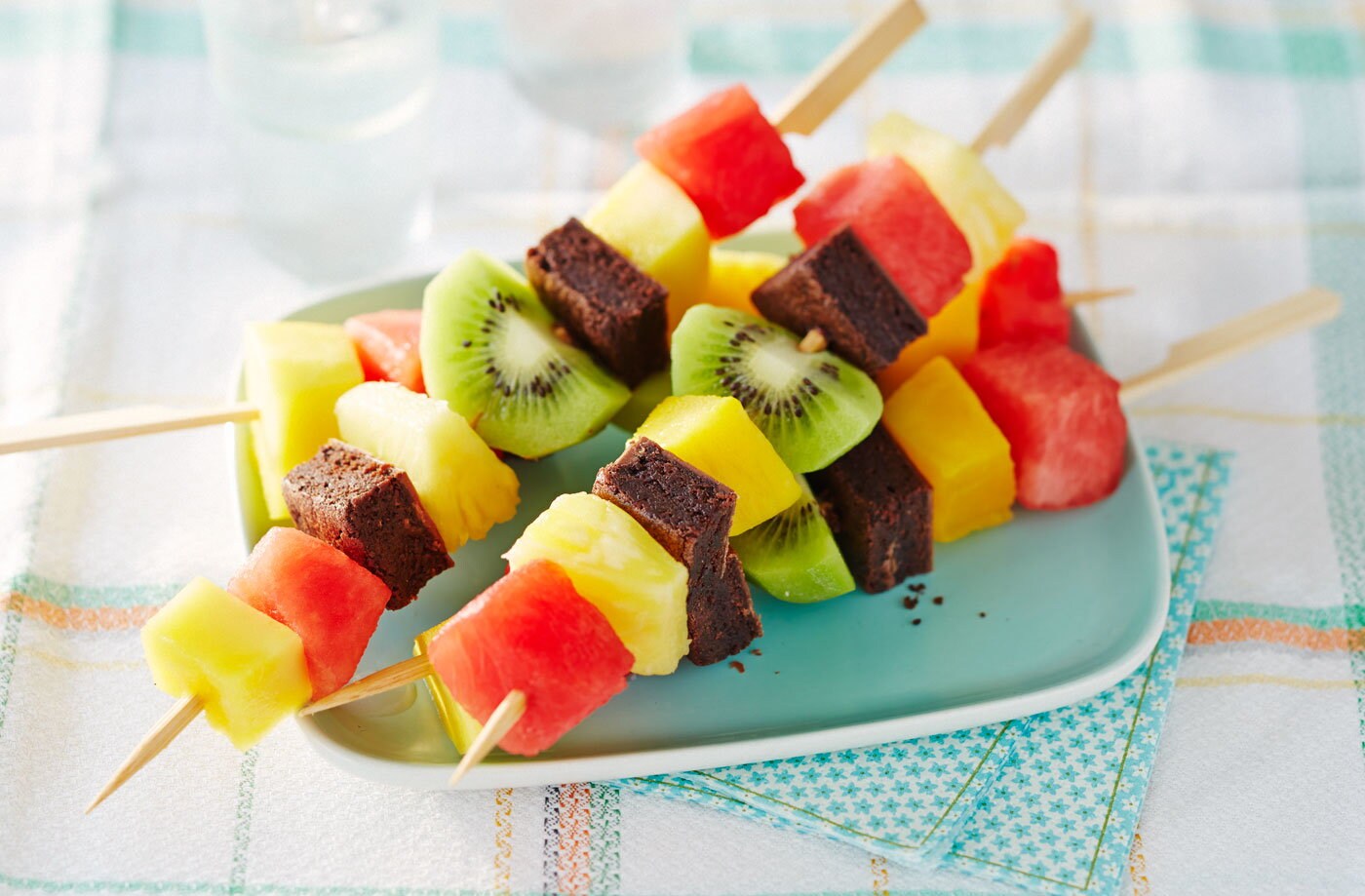 Fruit and brownie skewers
