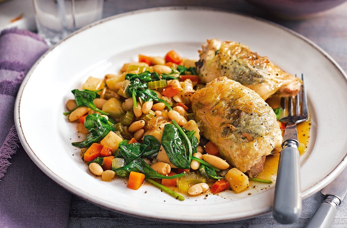Herby roast chicken with white beans