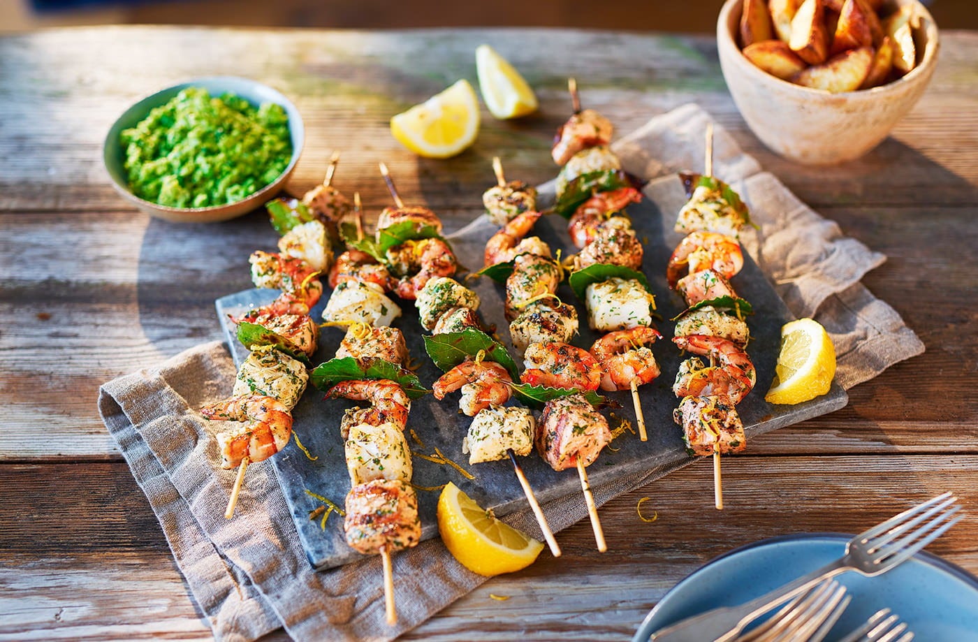 Herby fish skewers