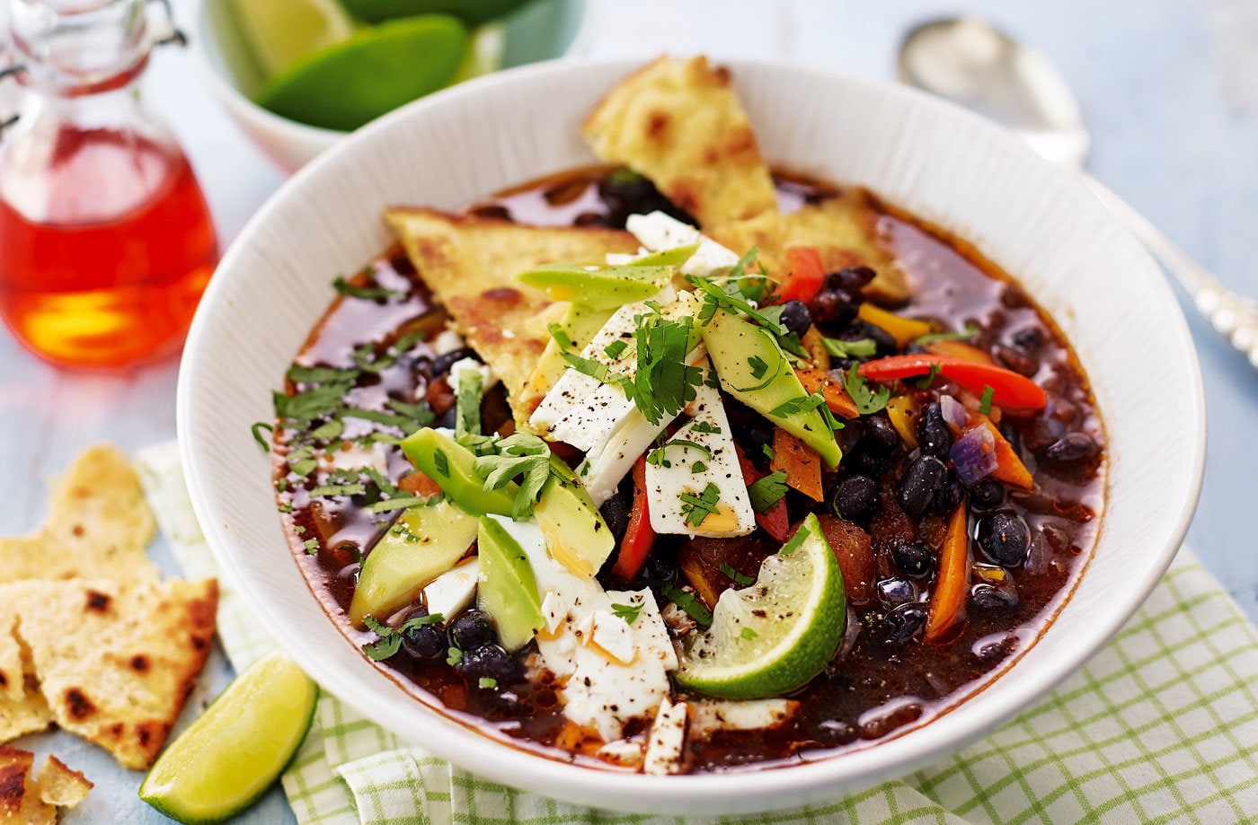 Mexican bean soup with crunchy tortillas