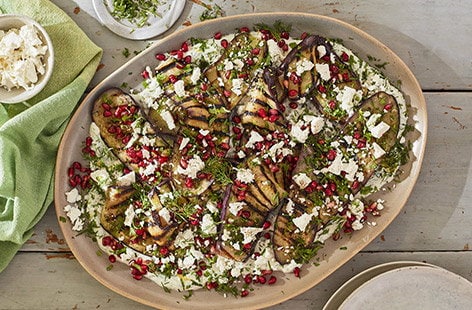 Image of "Baba ganoush aubergines with tahini yogurt and pomegranate"