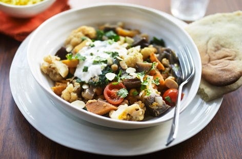Image of "Roasted aubergine, vegetable and chickpea curry"