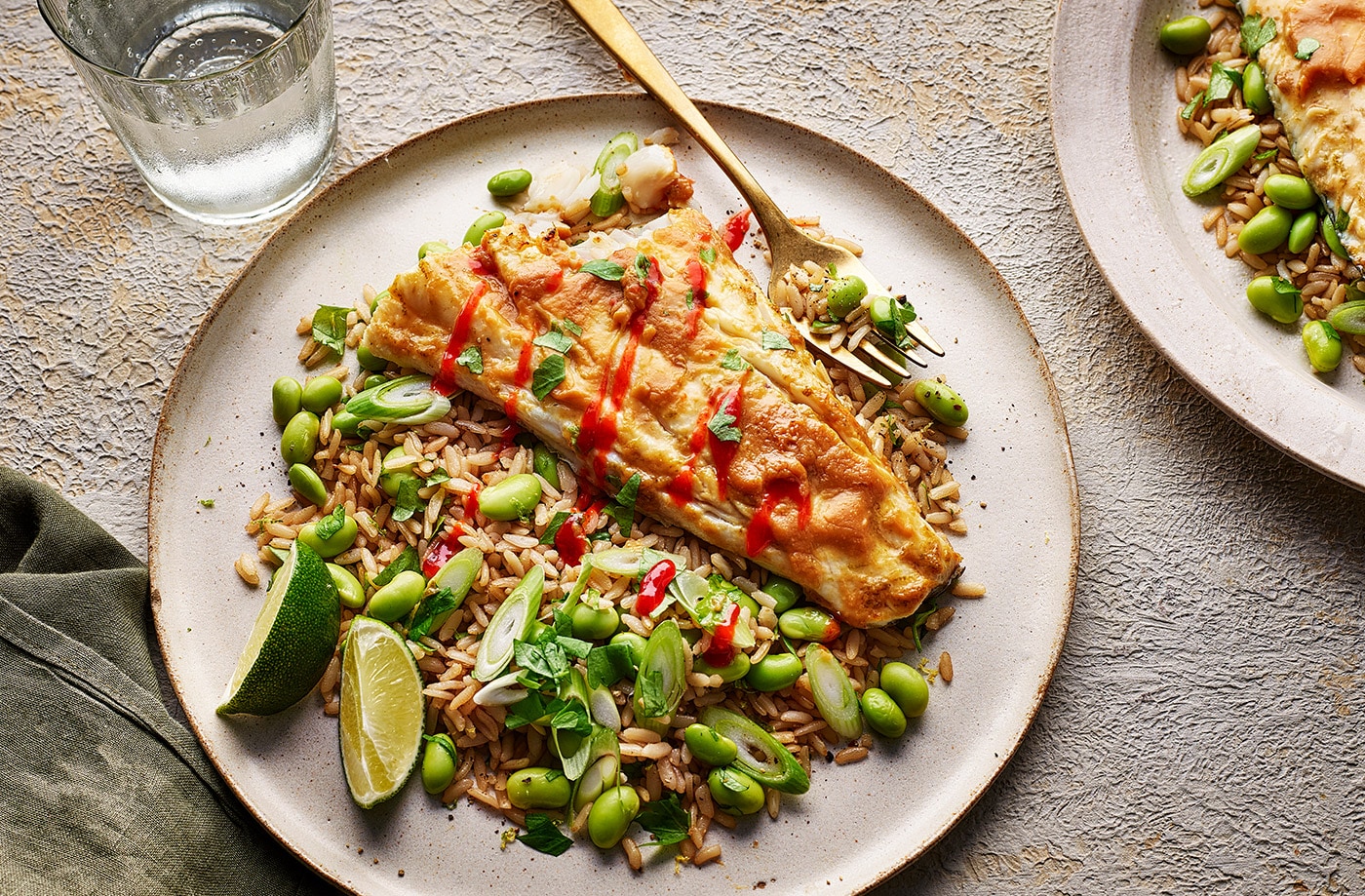 Miso cod with edamame rice