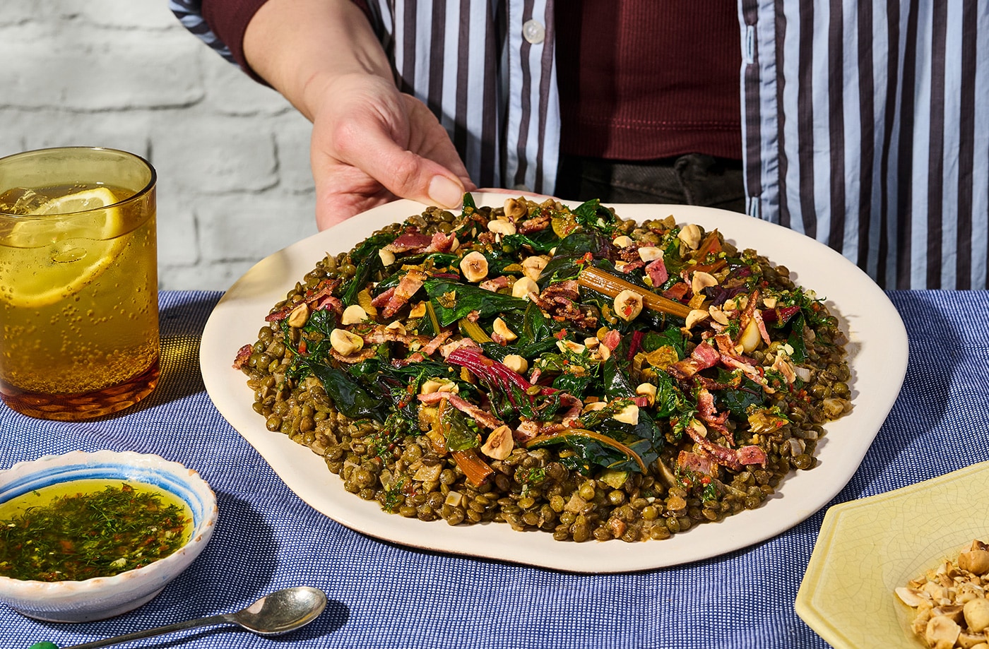 Seema’s braised lentils with rainbow chard and charred lemon gremolata