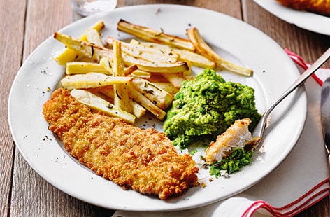 Image of "Fish with parsnip chips and cheat's mushy peas"