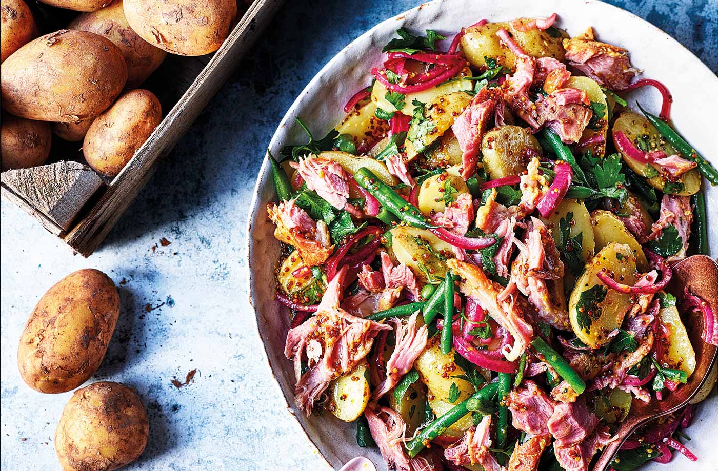 Ham and Jersey Royal potato salad