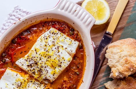 Image of "Baked cod with a rich tomato sauce"