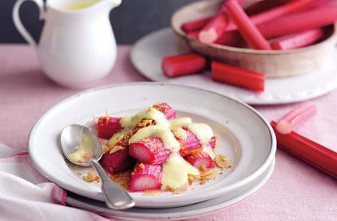 Image of "Rhubarb and custard with ginger crumbs"