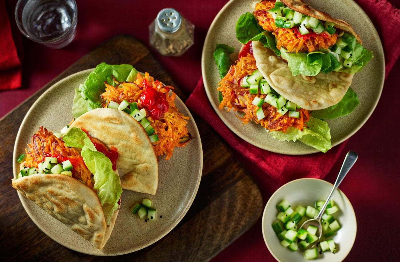 Chilli carrot fritter burgers with cucumber relish