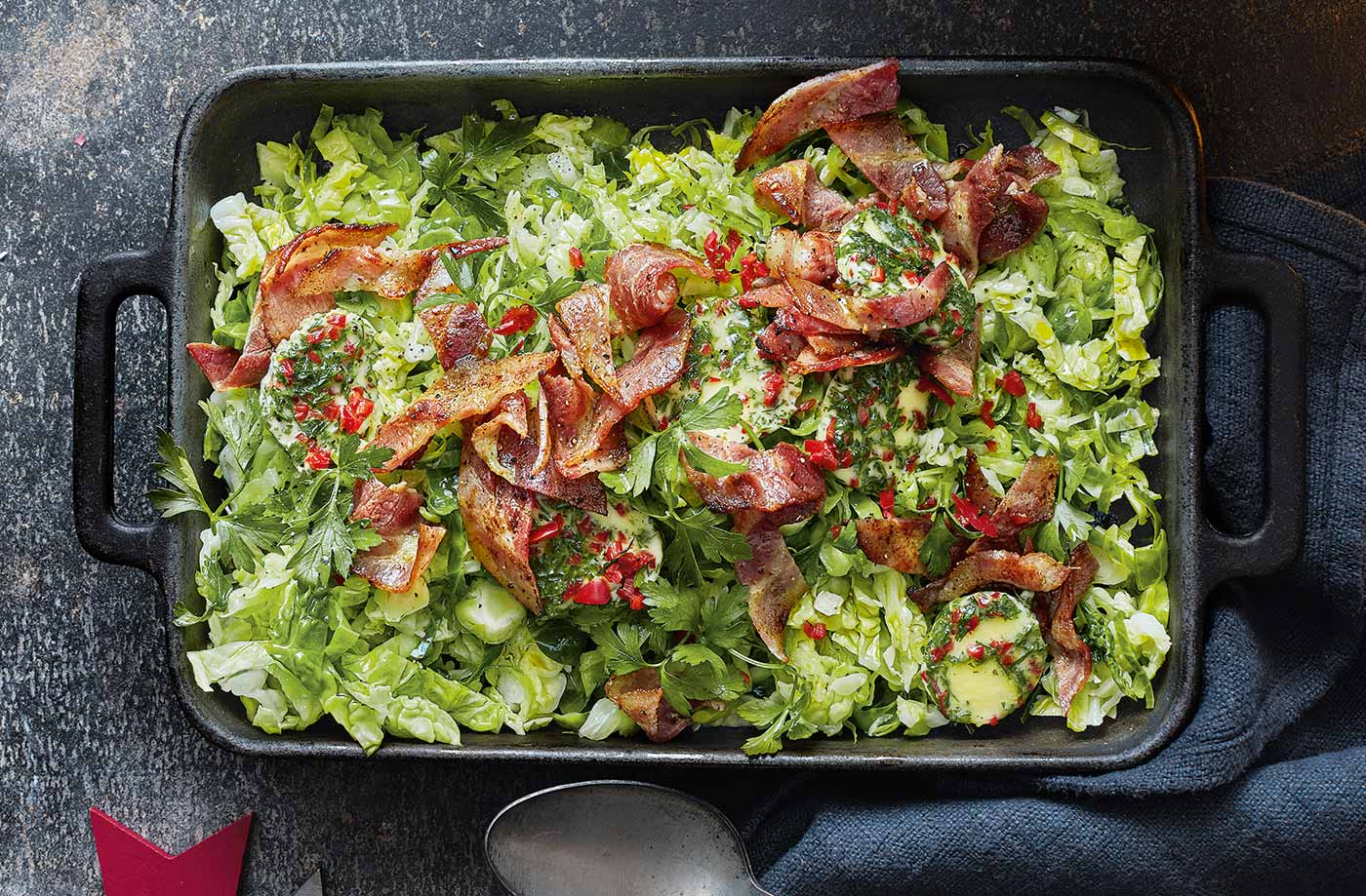 Shredded sprouts with bacon and chilli butter