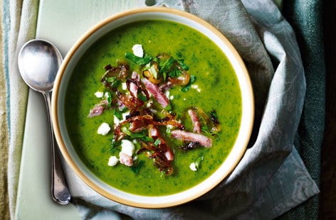Image of "Ham and pea soup with crispy onions and feta"