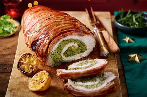 Image of "Turkey porchetta with sprout and chestnut pesto"