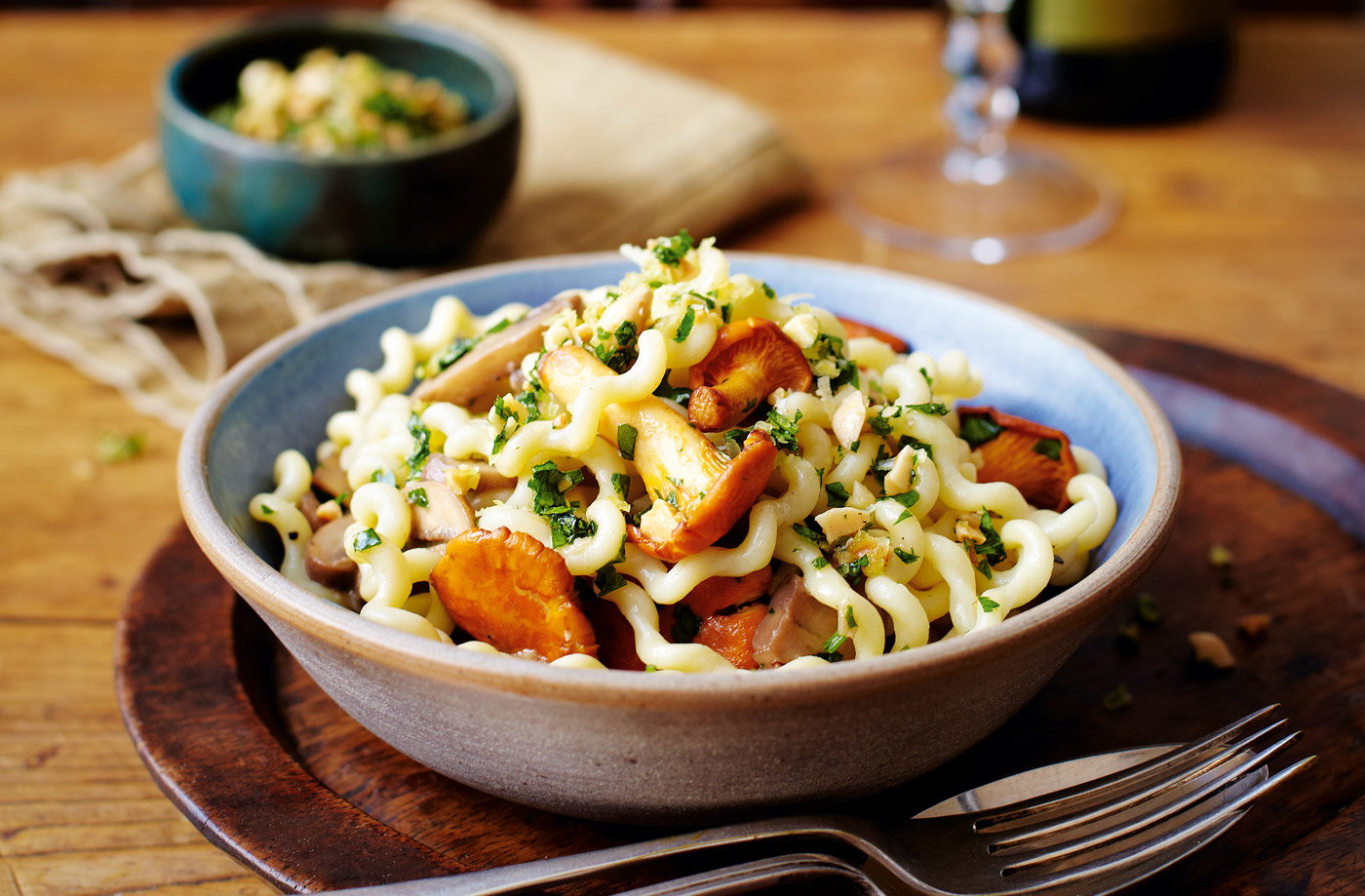 Tesco Finest fusilli with wild mushrooms and almond gremolata