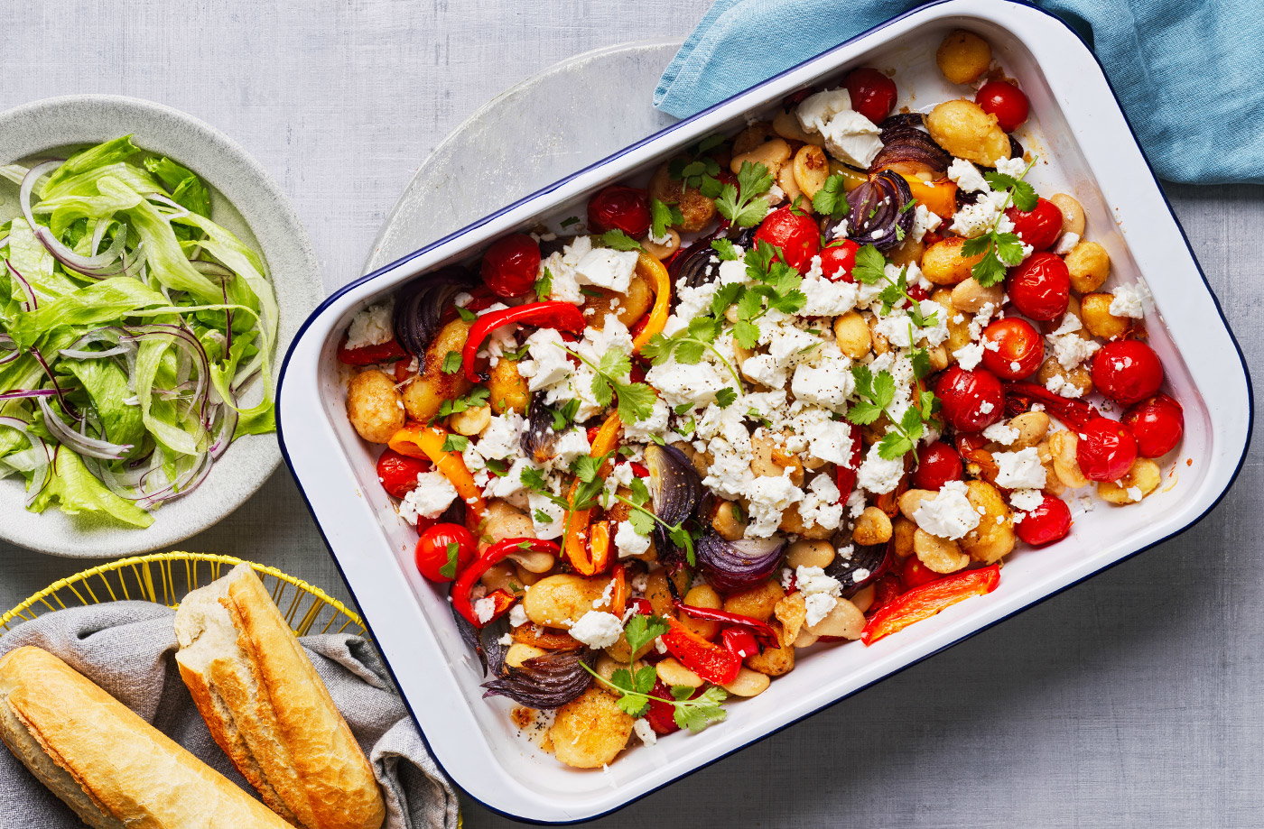 Crispy new potato, pepper and feta traybake